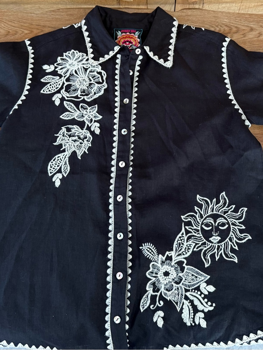 Johnny Was Black White Embroidered Floral Blouse Boho Top